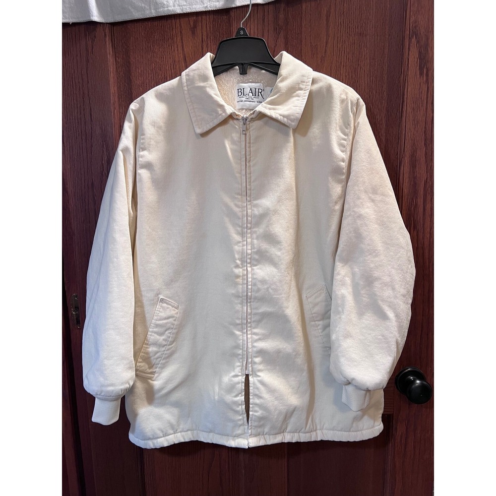 VTG 80's Blair Corduroy Jacket Sherpa Lined Full Zip Collared Coat Cream XL USA